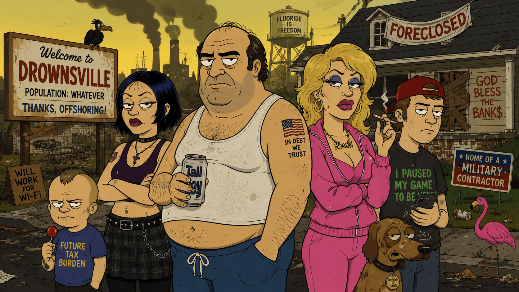 Drownsville family portrait in adult satire style